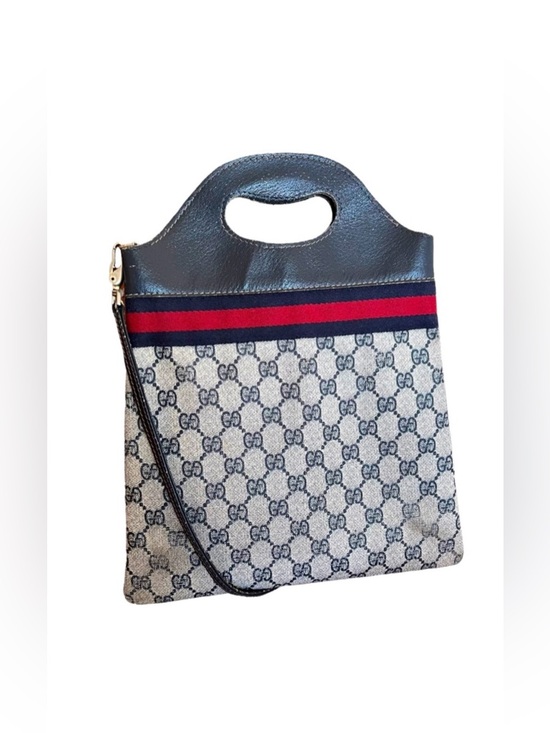 Gucci Handbags - Gucci • RARE Vintage GG Web Monogram Navy PVC Leather Purse Tote Bag Handbag